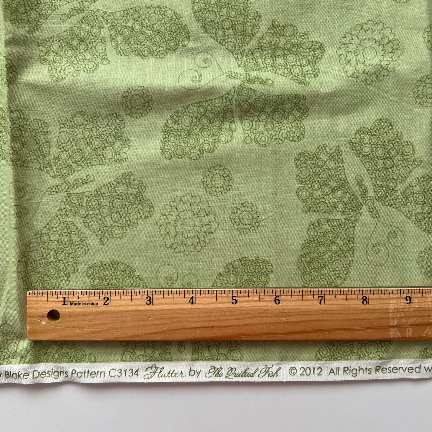 DESTASH 1 Yard Cut of Flutter - Lacy Butterflies on Green Tonal Fabric, Riley Blake C3134, The Quilted Fish