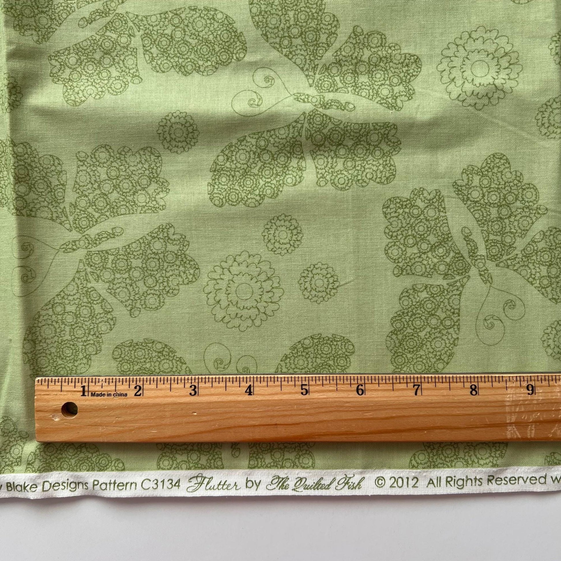DESTASH 1 Yard Cut of Flutter - Lacy Butterflies on Green Tonal Fabric, Riley Blake C3134, The Quilted Fish