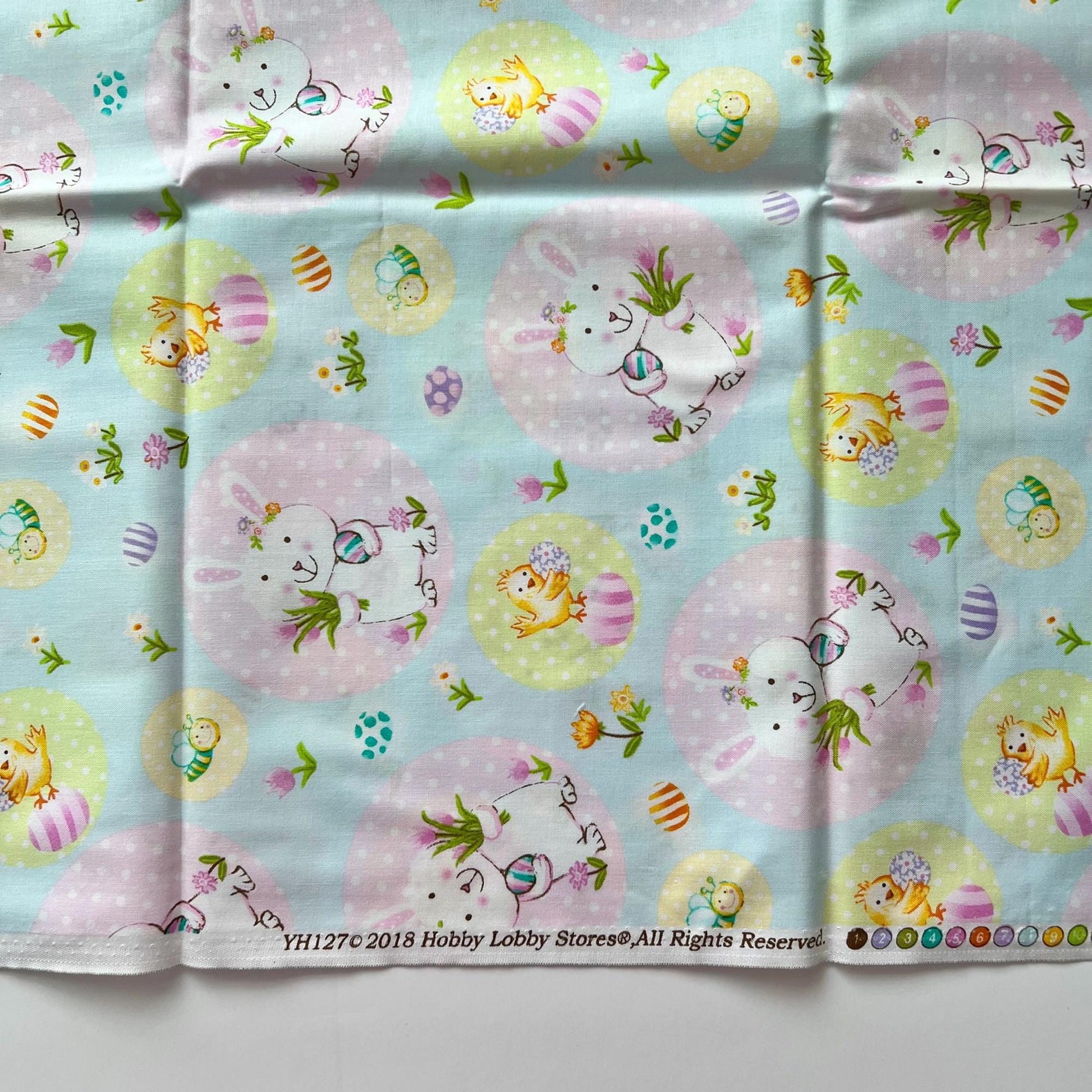 DESTASH 1 Yard Cut of Easter Bunnies Chicks on Aqua Blue Fabric, Hobby Lobby YH127, Pink Yellow Blue Cute Bunny Easter Fabric