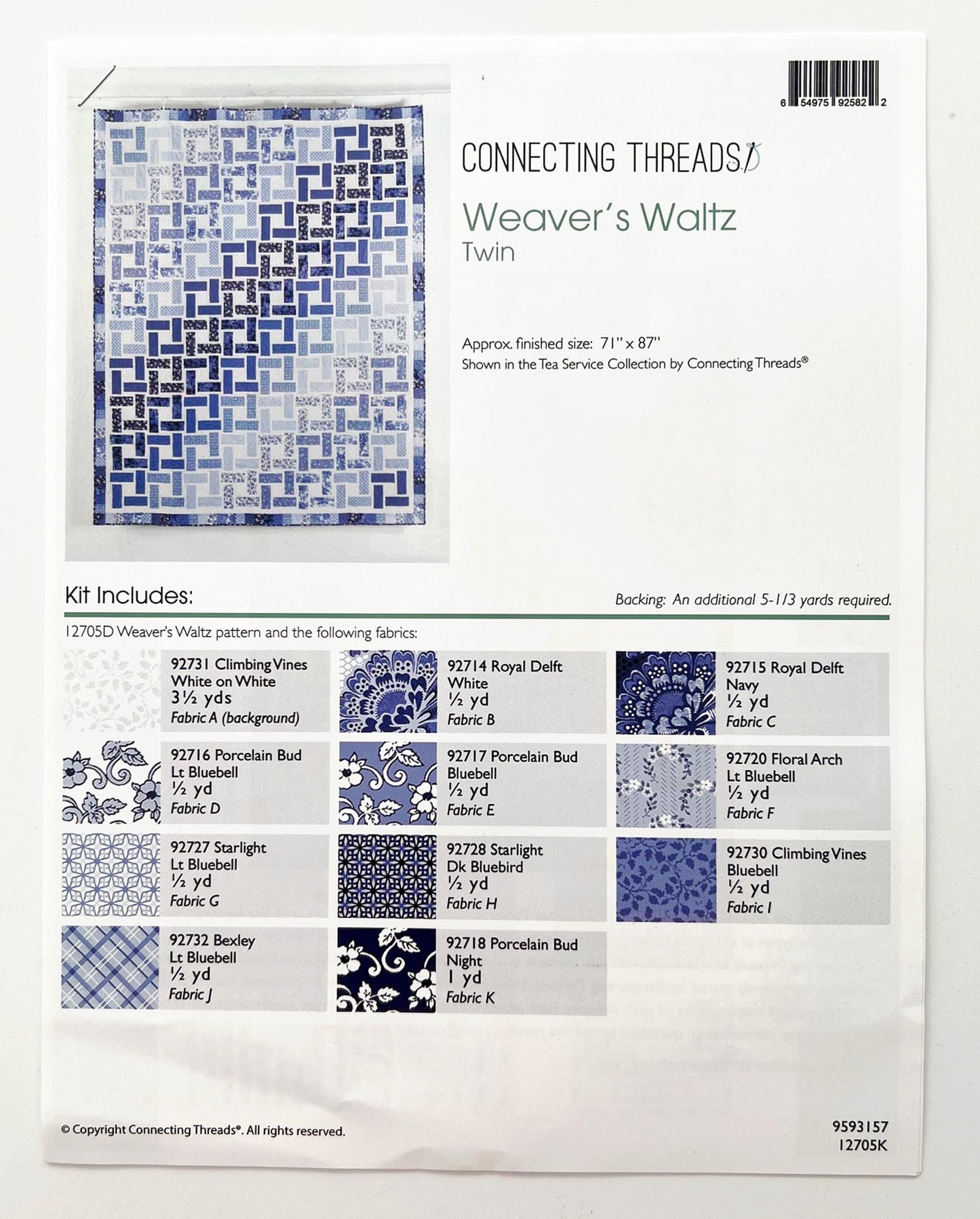 DESTASH Weaver's Waltz Twin Quilt Kit, Connecting Threads Tea Service, Blue White Floral Twin Size Quilt Kit