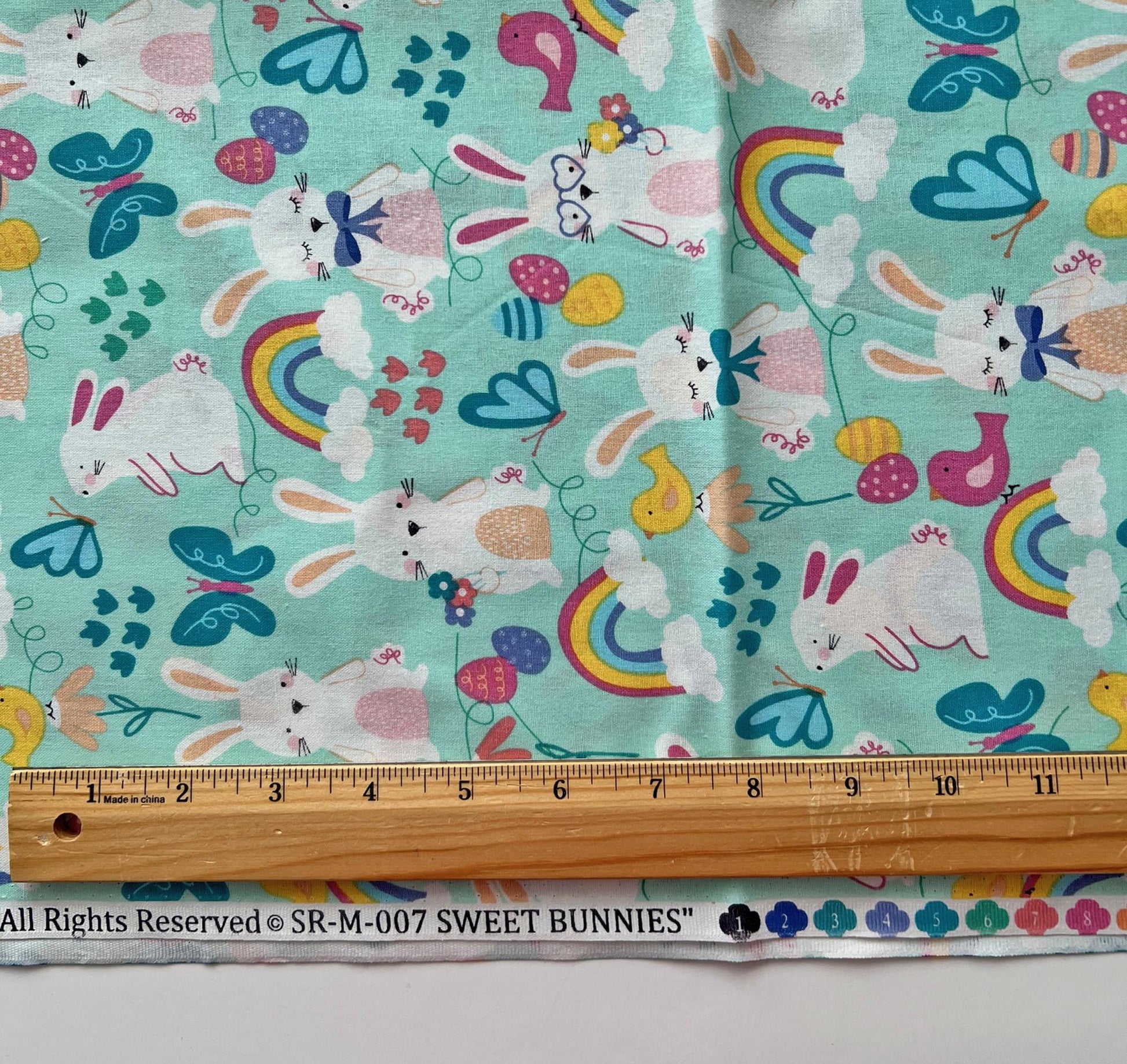 DESTASH Sweet Bunnies - 1 Yard Cut of Easter Bunnies Chicks Rainbows on Blue Fabric, Hobby Lobby SR-M-007, Cute Bunny Easter Fabric