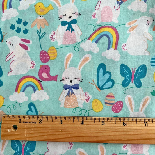 DESTASH Sweet Bunnies - 1 Yard Cut of Easter Bunnies Chicks Rainbows on Blue Fabric, Hobby Lobby SR-M-007, Cute Bunny Easter Fabric