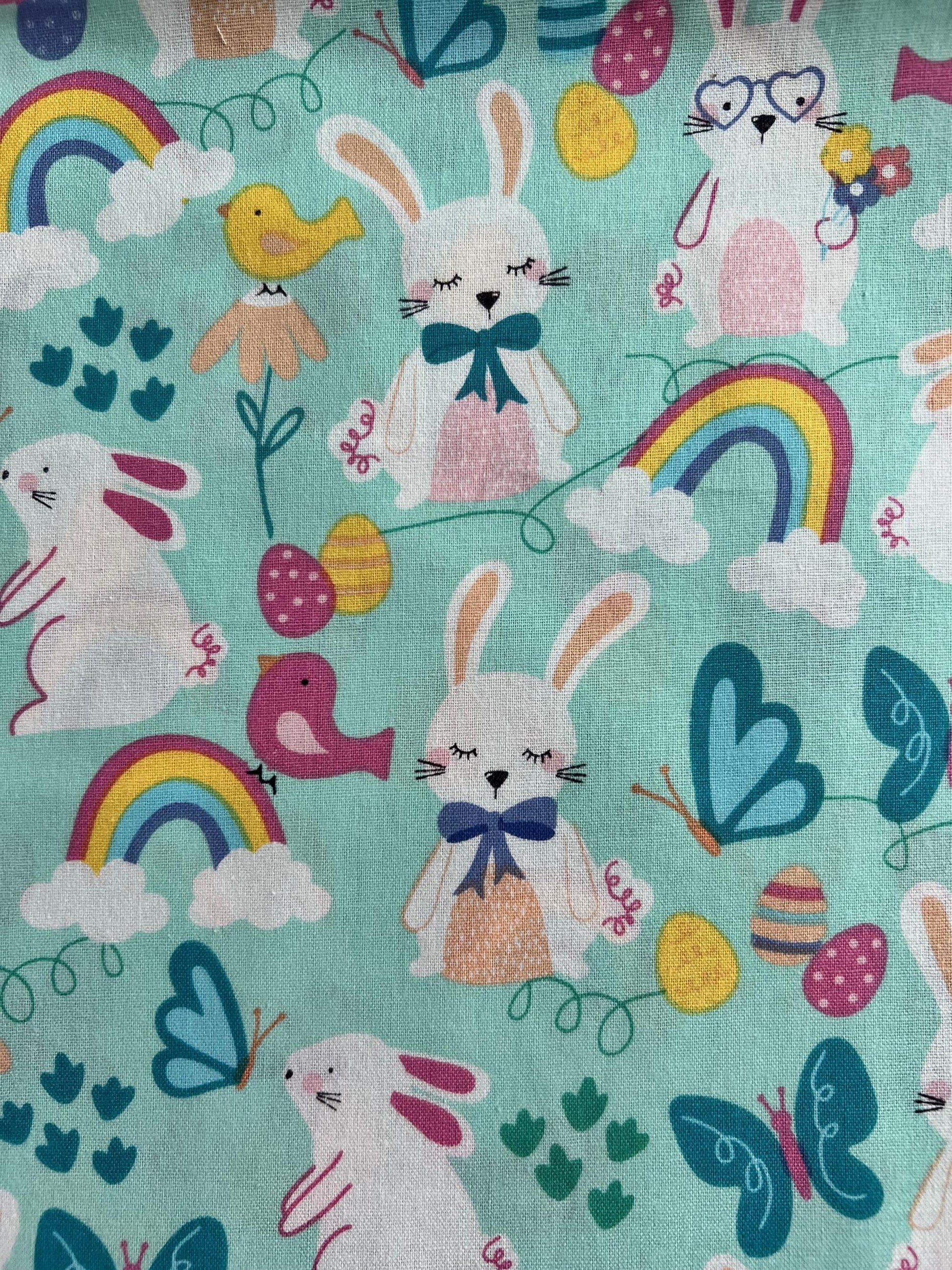 DESTASH Sweet Bunnies - 1 Yard Cut of Easter Bunnies Chicks Rainbows on Blue Fabric, Hobby Lobby SR-M-007, Cute Bunny Easter Fabric