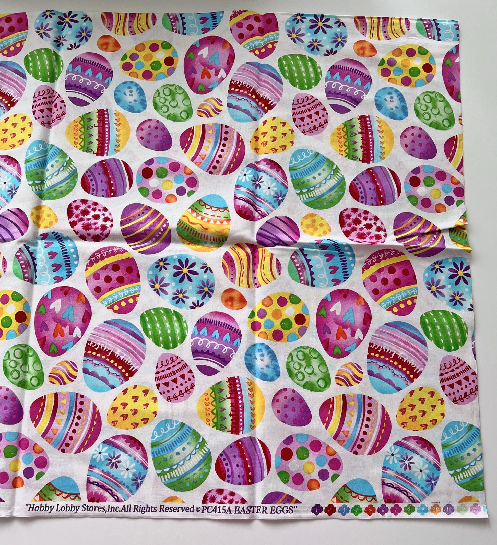 DESTASH 1 Yard Cut of Easter Eggs on White Fabric, Hobby Lobby PC415A, Purple Pink Yellow Blue Green Easter Eggs Fabric