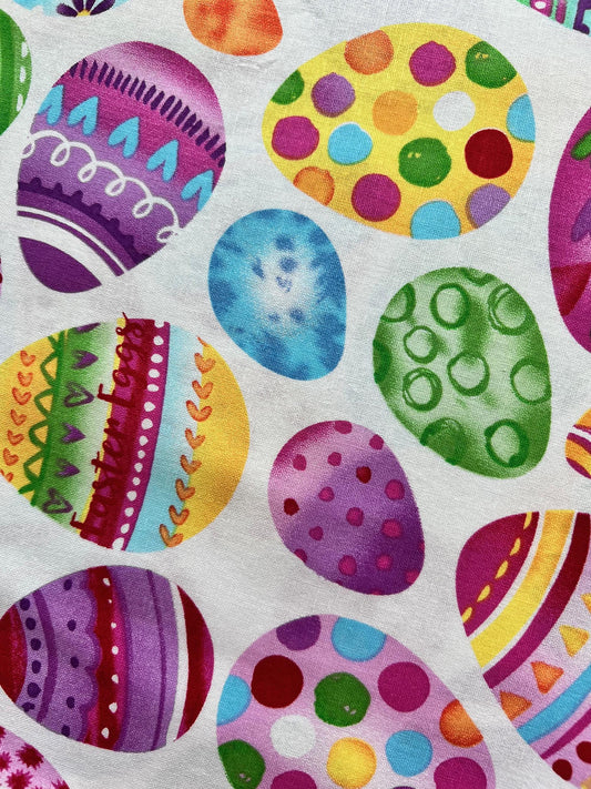 DESTASH 1 Yard Cut of Easter Eggs on White Fabric, Hobby Lobby PC415A, Purple Pink Yellow Blue Green Easter Eggs Fabric