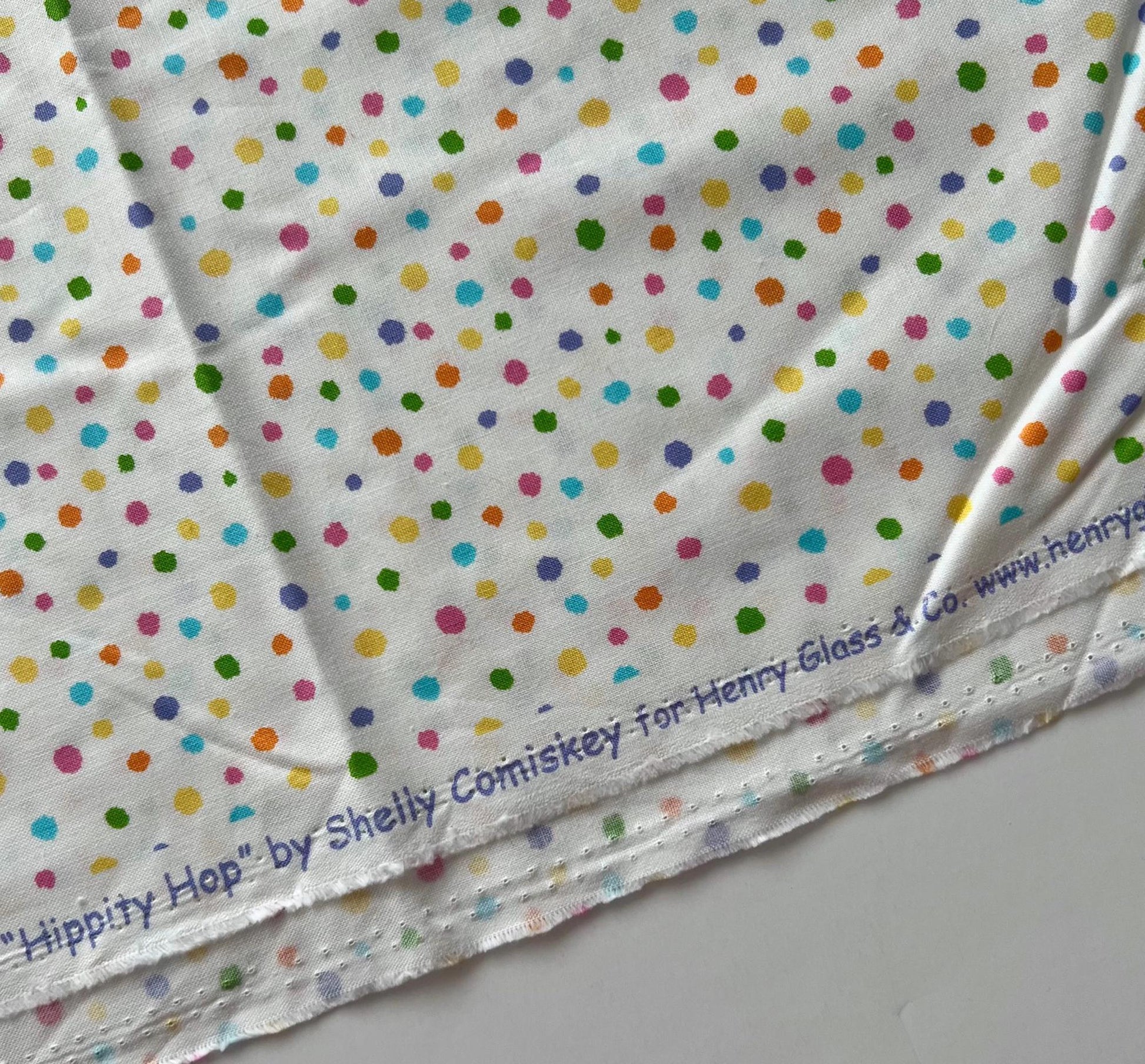 DESTASH Hippity Hop - 1 Yard Cut of Multicolored Dots on White Fabric, Henry Glass & Co, Cute Easter Fabric, Shelly Comiskey