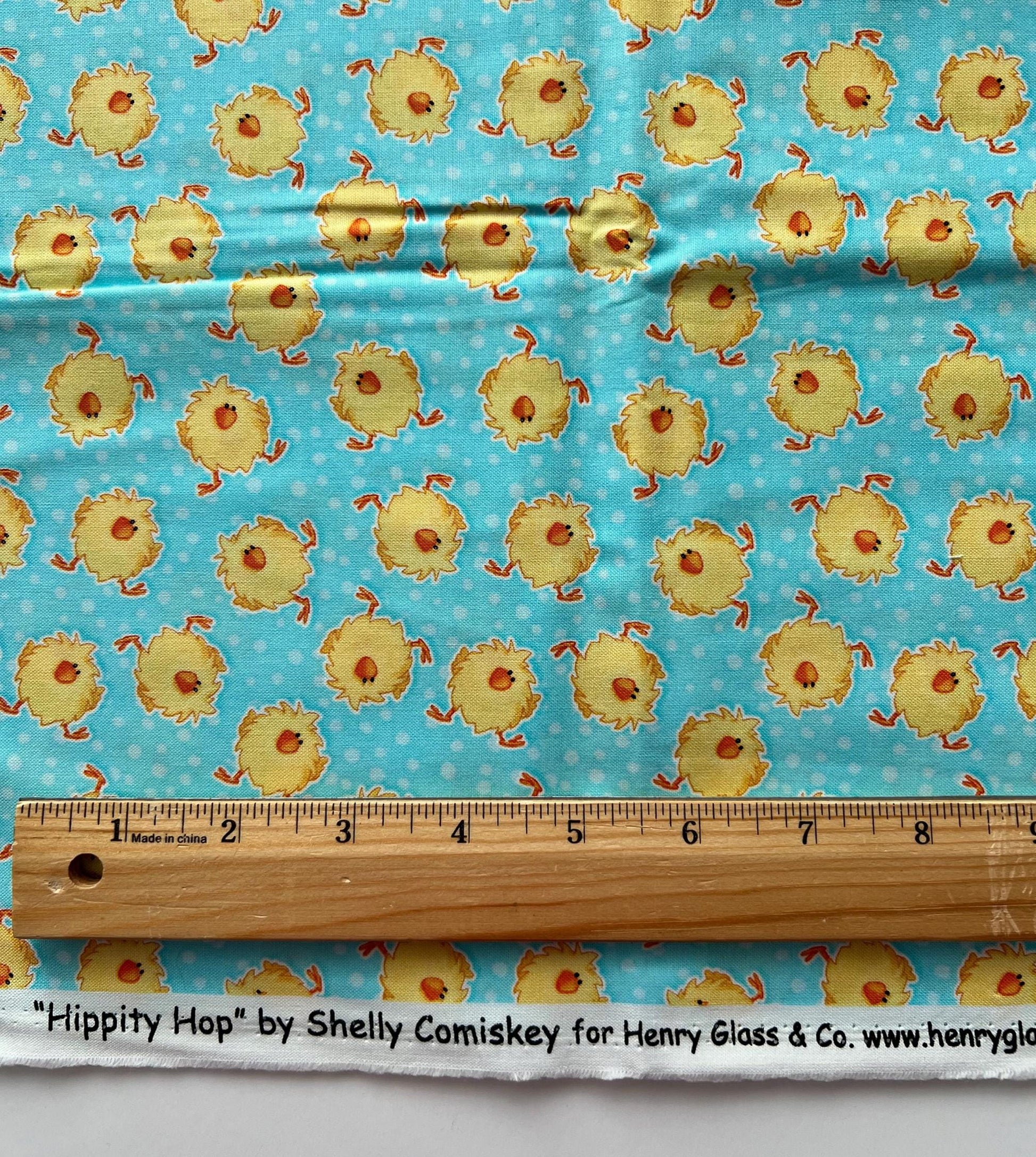DESTASH Hippity Hop - 1 Yard Cut of Easter Chicks on Blue Fabric, Henry Glass & Co, Cute Easter Fabric, Shelly Comiskey