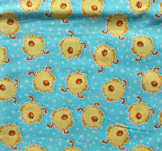 DESTASH Hippity Hop - 1 Yard Cut of Easter Chicks on Blue Fabric, Henry Glass & Co, Cute Easter Fabric, Shelly Comiskey