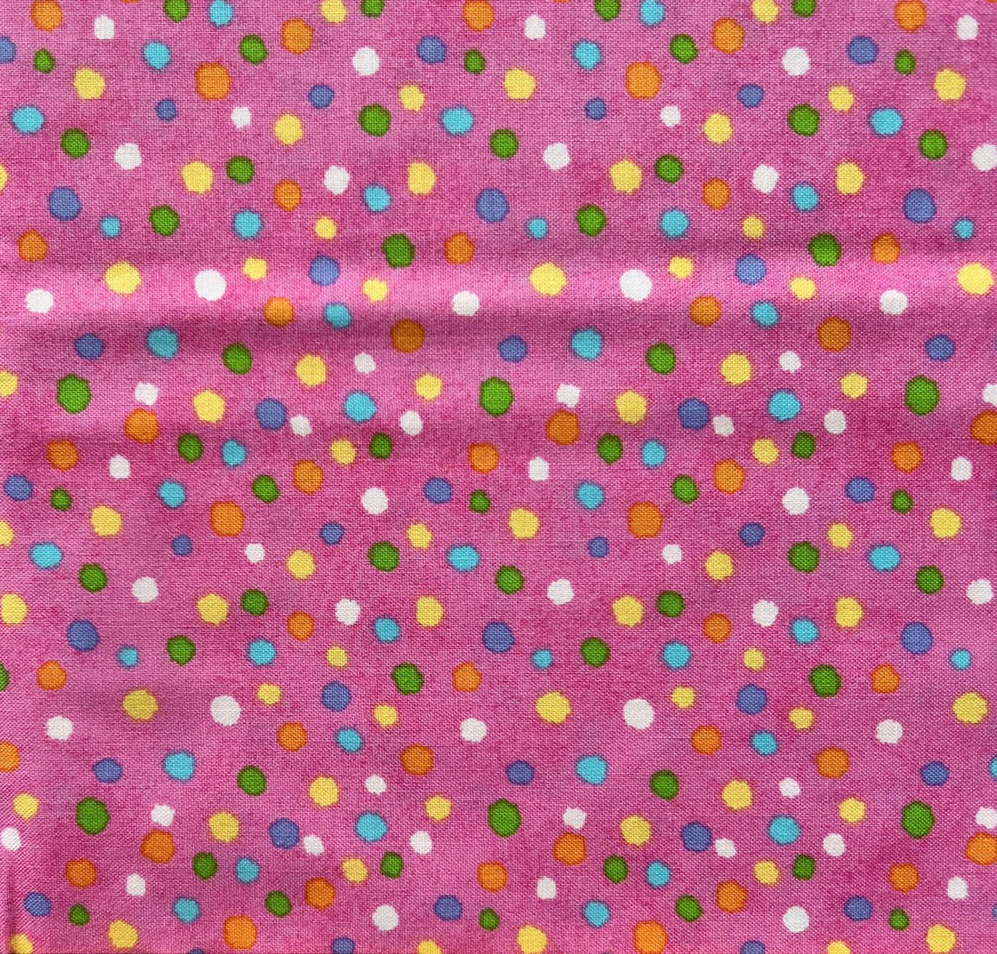 REMNANT 1 Yard 18" of Hippity Hop - Multicolored Dots on Pink Fabric, Henry Glass & Co, Cute Easter Fabric, Shelly Comiskey
