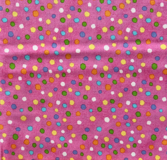 REMNANT 1 Yard 18" of Hippity Hop - Multicolored Dots on Pink Fabric, Henry Glass & Co, Cute Easter Fabric, Shelly Comiskey