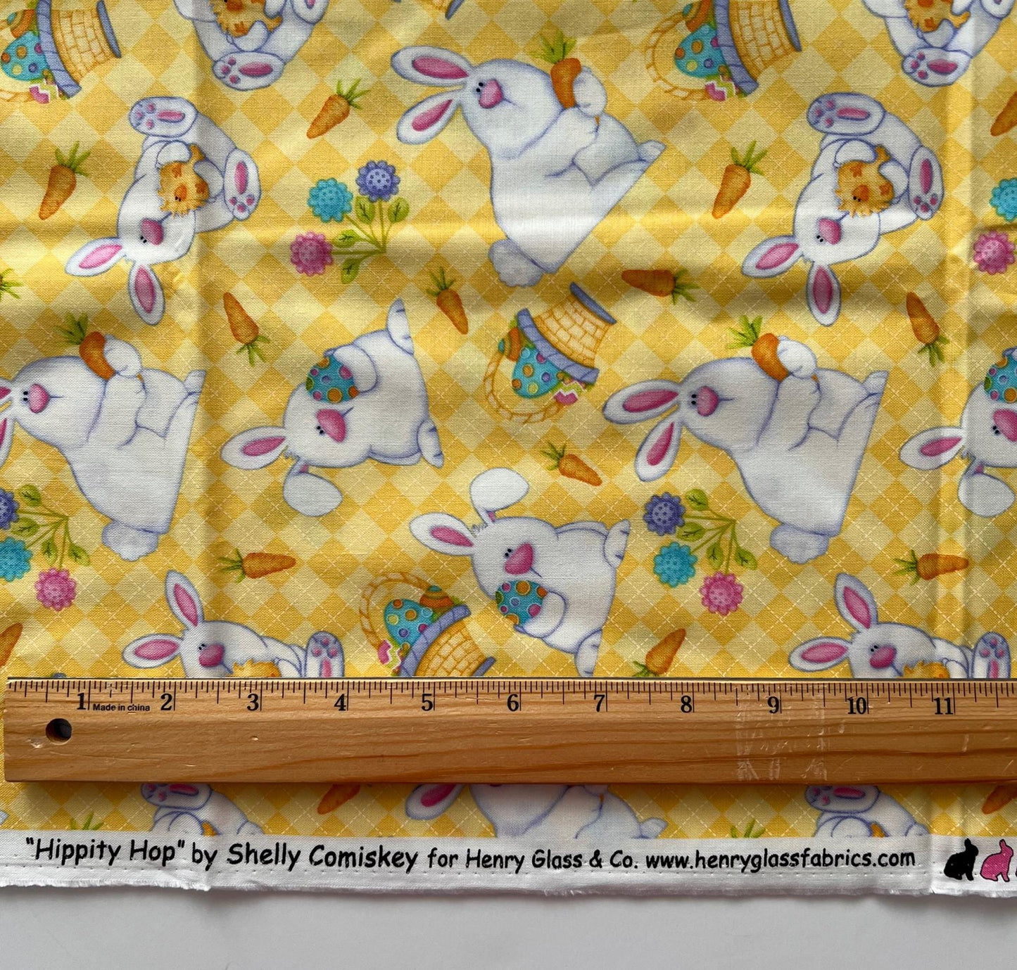 REMNANT 1 Yard 18" of Hippity Hop - Easter Bunnies Chicks on Yellow Fabric, Henry Glass & Co, Cute Easter Fabric, Shelly Comiskey