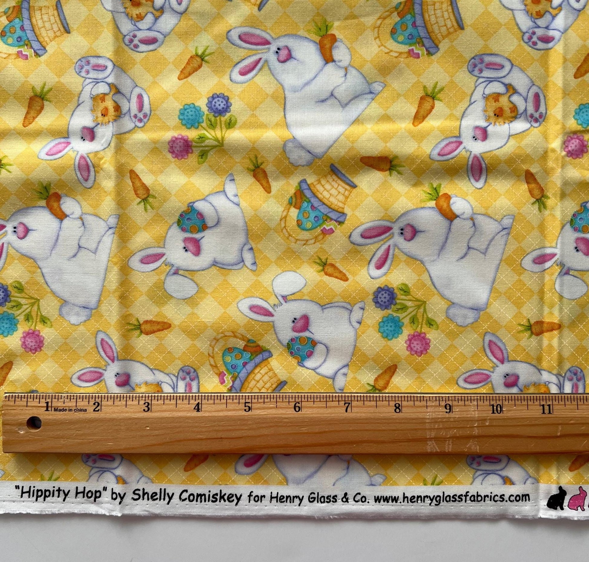REMNANT 1 Yard 18" of Hippity Hop - Easter Bunnies Chicks on Yellow Fabric, Henry Glass & Co, Cute Easter Fabric, Shelly Comiskey