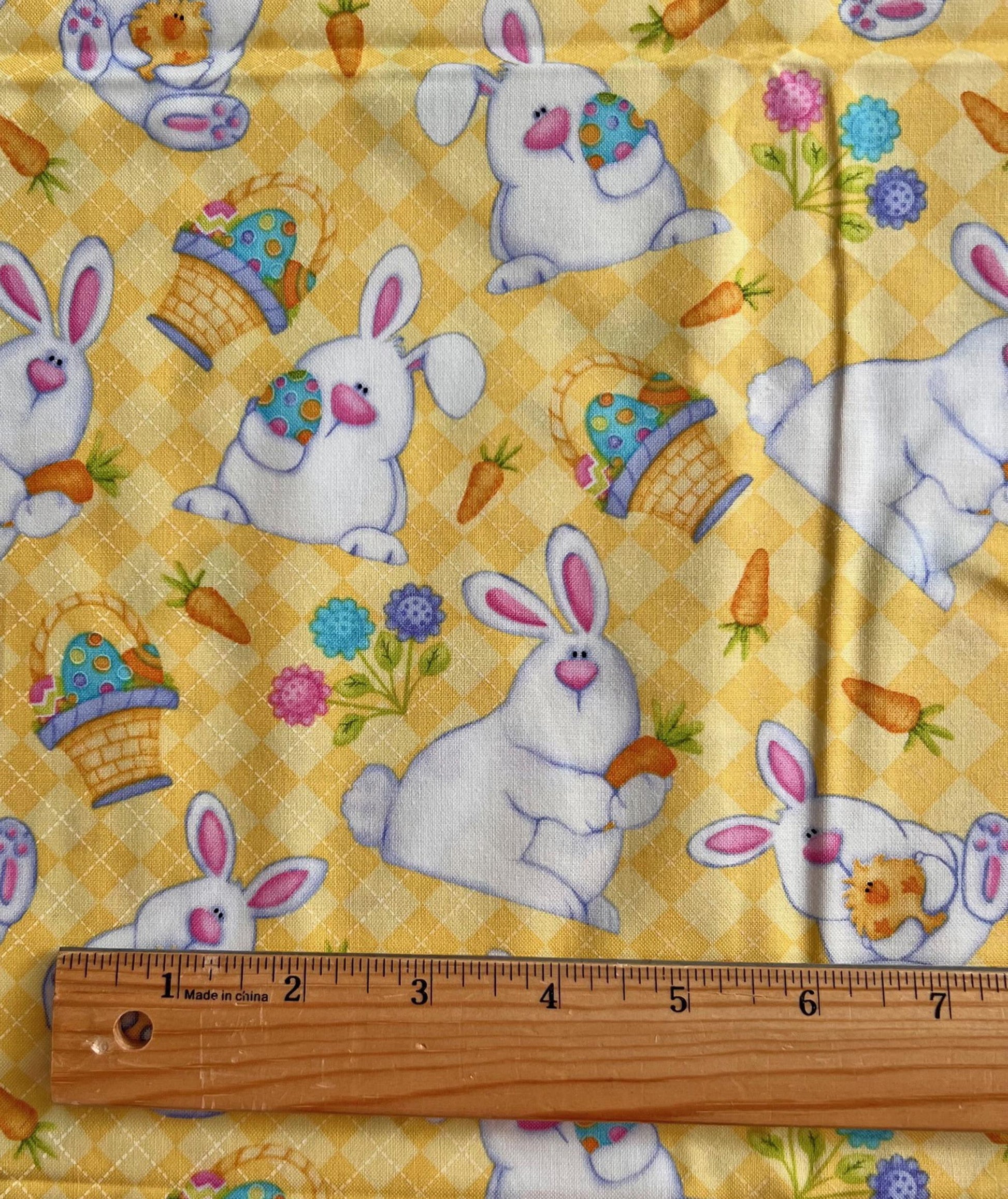 REMNANT 1 Yard 18" of Hippity Hop - Easter Bunnies Chicks on Yellow Fabric, Henry Glass & Co, Cute Easter Fabric, Shelly Comiskey