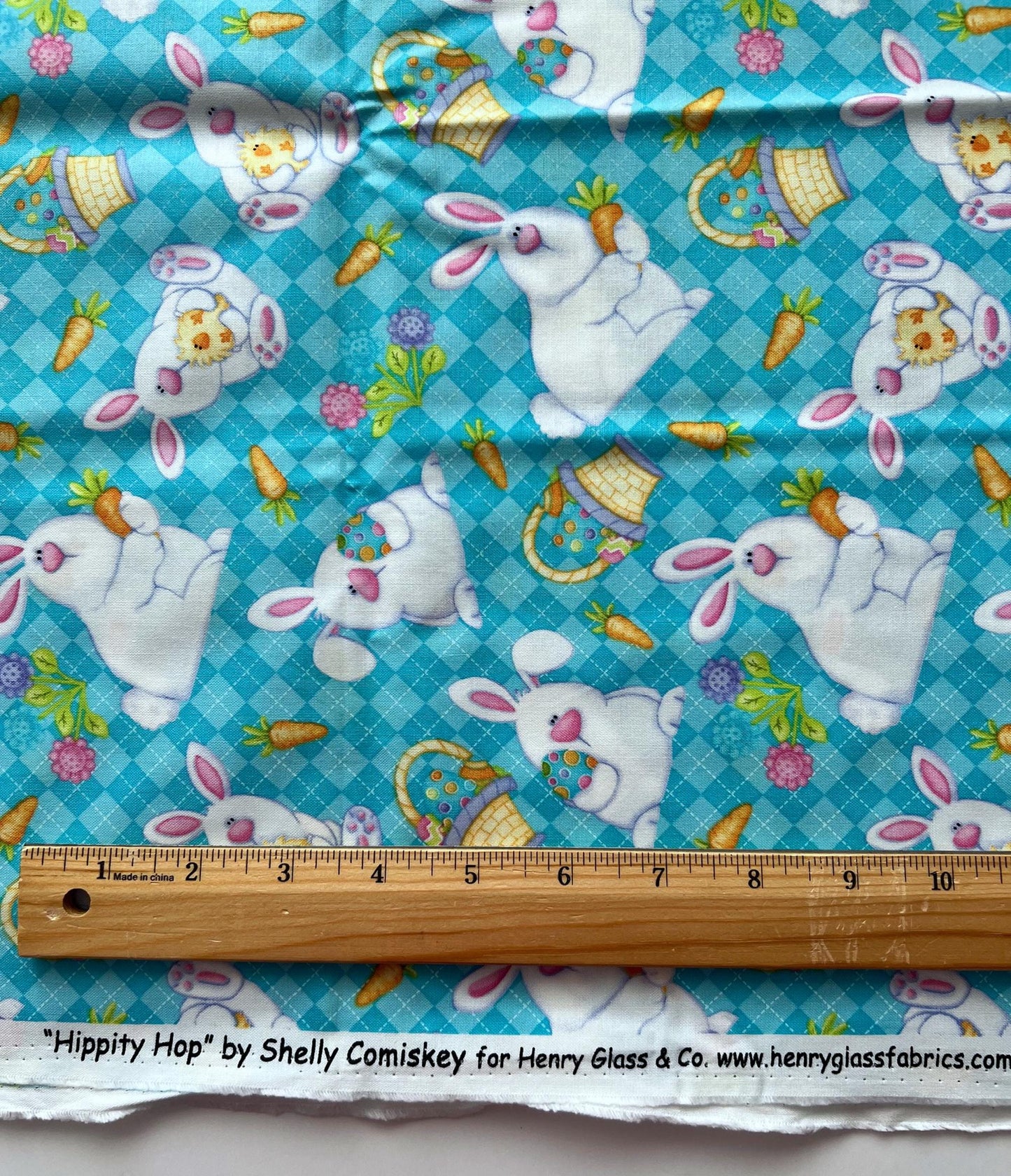 REMNANT 1 Yard 18" of Hippity Hop - Easter Bunnies Chicks on Blue Fabric, Henry Glass & Co, Cute Easter Fabric, Shelly Comiskey