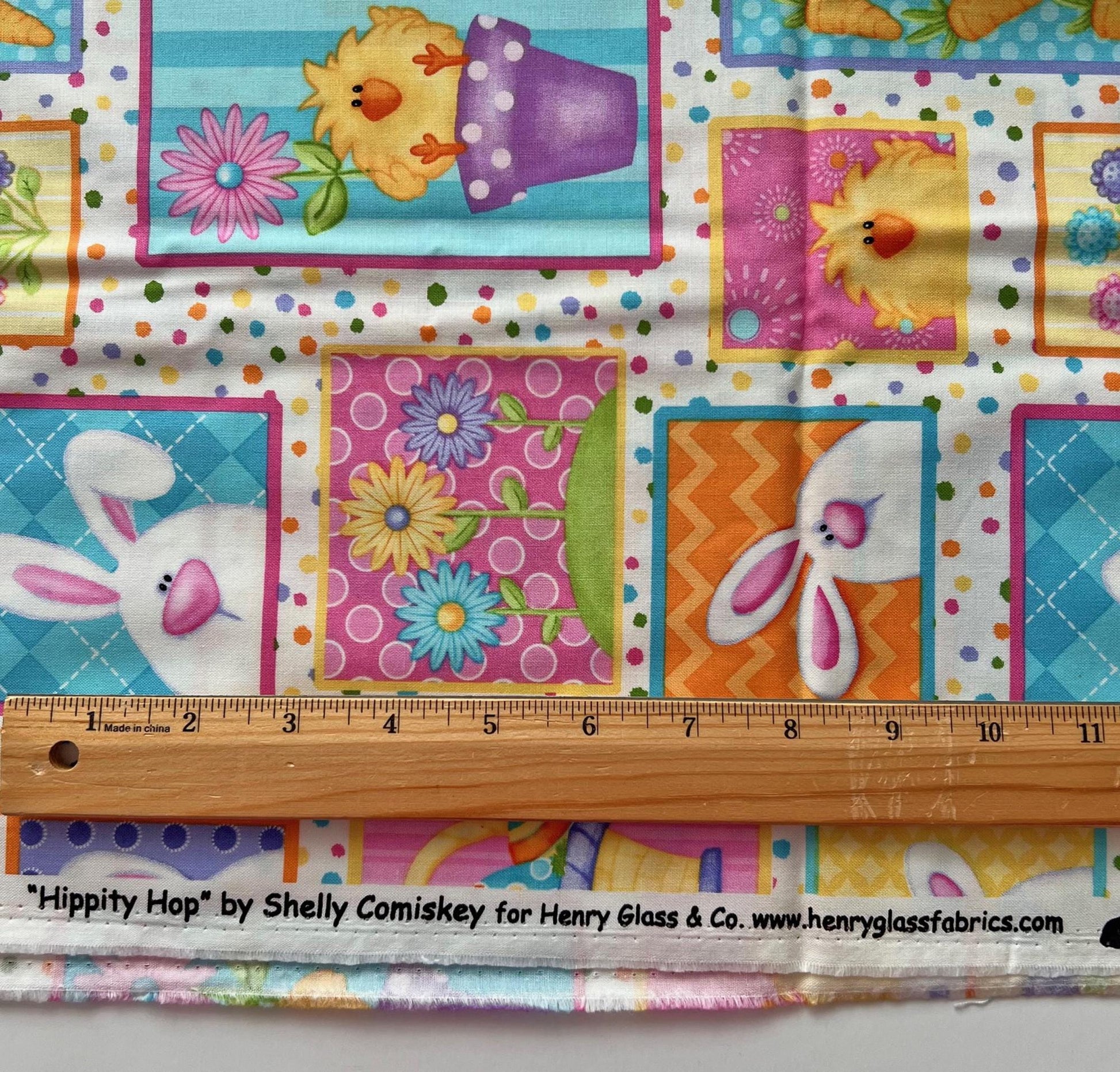 REMNANT 1 Yard 4.5" of Hippity Hop - Easter Bunnies Chicks in Frames on White Fabric, Henry Glass & Co, Cute Easter Fabric, Shelly Comiskey
