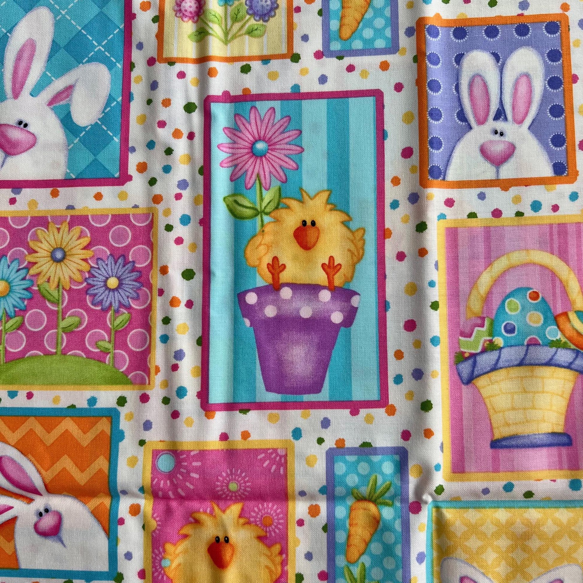 REMNANT 1 Yard 4.5" of Hippity Hop - Easter Bunnies Chicks in Frames on White Fabric, Henry Glass & Co, Cute Easter Fabric, Shelly Comiskey