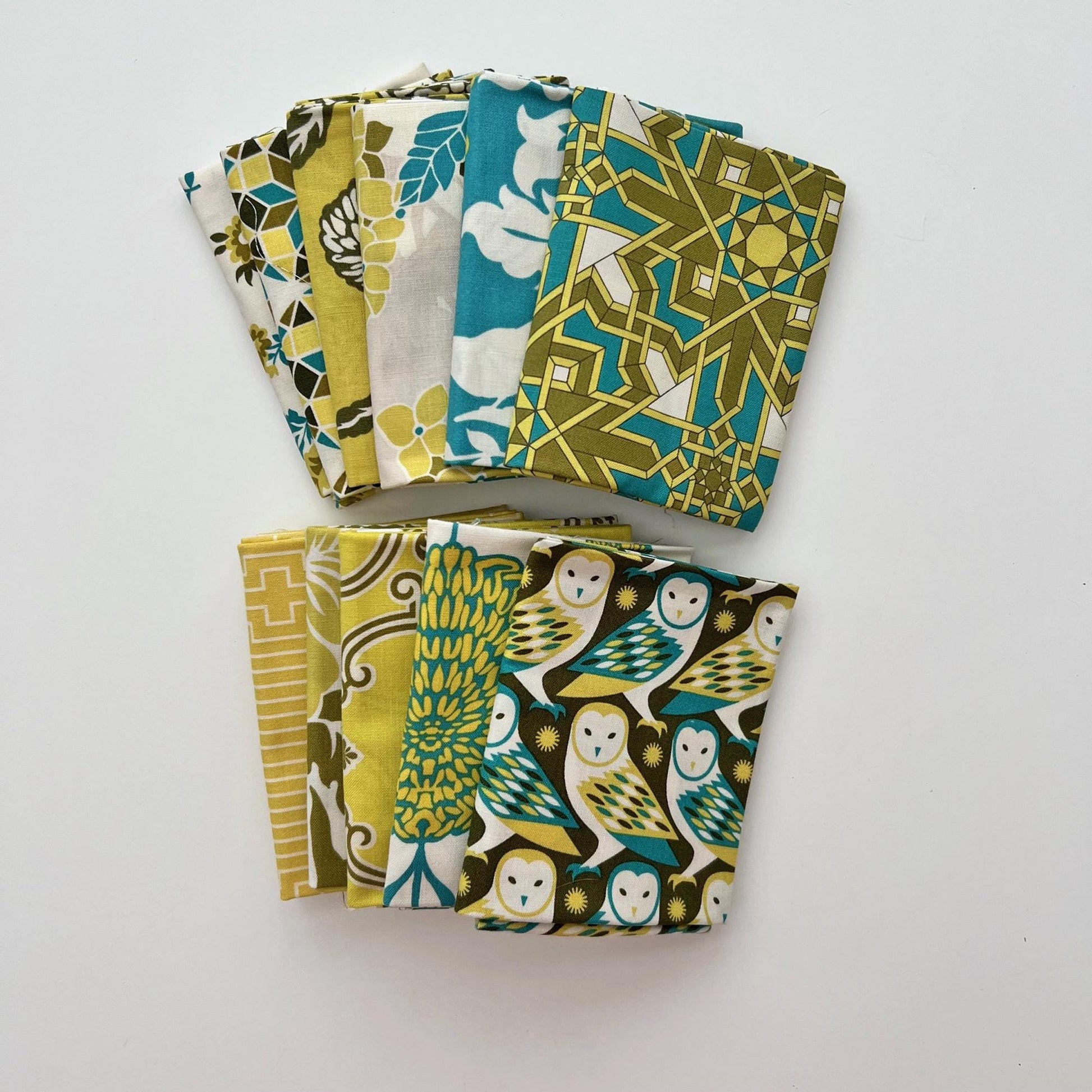 DESTASH Triple Barnstar Complete Quilt Kit, Free Spirit Birch Farm OOP, Teal Green Brown White Owls Floral Throw Quilt Kit, Joel Dewberry
