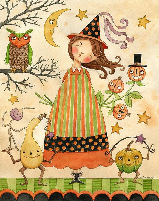 Ghoul Friends - 36" Halloween Witch Quilt Panel Fabric, Riley Blake C16058-Panel, Cute Whimsical Witch Owl on Beige Fabric, Teresa Kogut