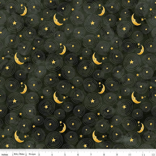 Ghoul Friends - Stars and Moon on Black Fabric, Riley Blake C16054-Black, Black Halloween Blender Fabric, Teresa Kogut, By the Yard