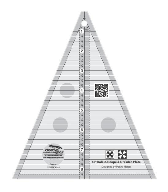 45 Degree Kaleidoscope Dresden Plate Ruler, Creative Grids CGRTKAL45, Non-Slip Quilting Ruler, 45 Degree Triangle Ruler