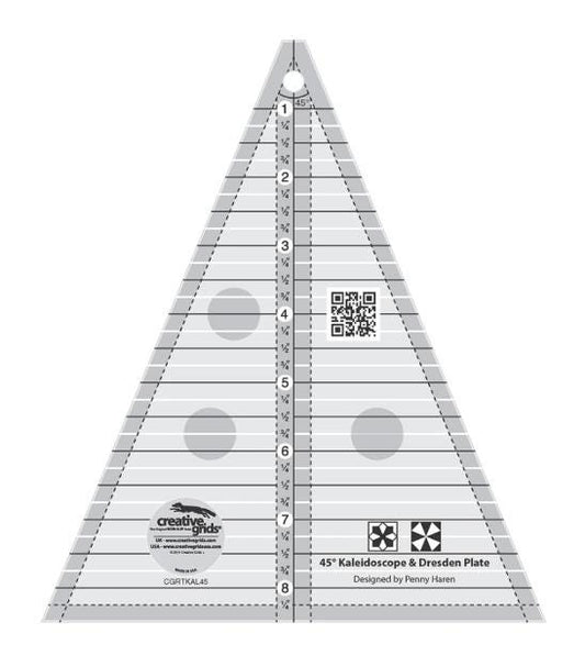45 Degree Kaleidoscope Dresden Plate Ruler, Creative Grids CGRTKAL45, Non-Slip Quilting Ruler, 45 Degree Triangle Ruler