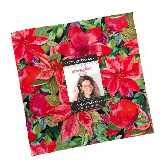 Love and Cheer Layer Cake, Moda 21830LC, 10" Precut Modern Christmas Xmas Floral Bird Cardinals Quilting Fabric Squares, Amarilys Henderson