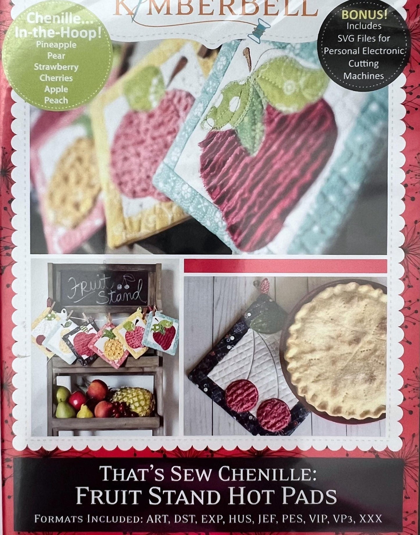 DESTASH That's Sew Chenille Fruit Stand Hot Pads In the Hoop Embroidery Version, Kimberbell Designs KD5427, Quilted Chenille Pot Holders