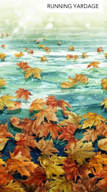 Autumn Breeze - Fall Leaves on Water Fabric, Northcott DP28056-66 Teal Multi Ombre, Autumn Leaves Teal Water Landscape Fabric, By the Yard