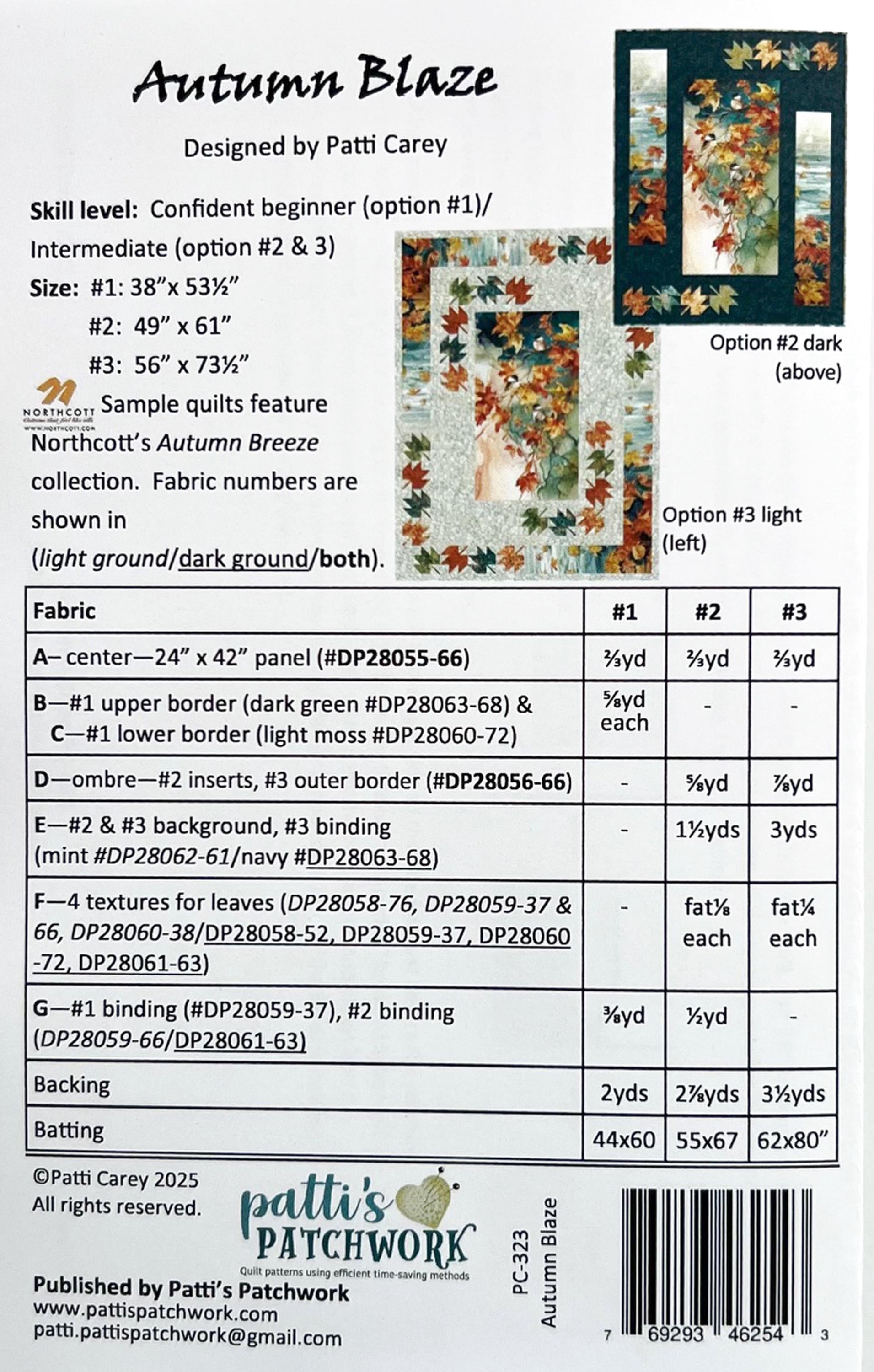 Autumn Blaze Panel Frame Quilt Pattern, Patti's Patchwork PC323 PTN3455, Fabric Panel Friendly Autumn Fall Leaves Throw Quilt Pattern