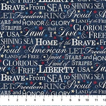 Stars and Stripes 13 - Patriotic Words on Navy Blue Fabric, Northcott 27885-49, USA American Valor Words All Over Cotton Fabric, Ludovico