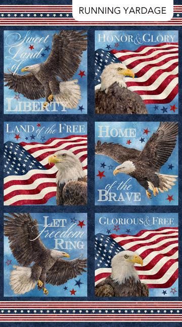 Stars and Stripes 13 - American Eagle with Flag Blocks 23" Fabric Panel, Northcott DP227879-49, Patriotic USA Bald Eagle Cotton Panel