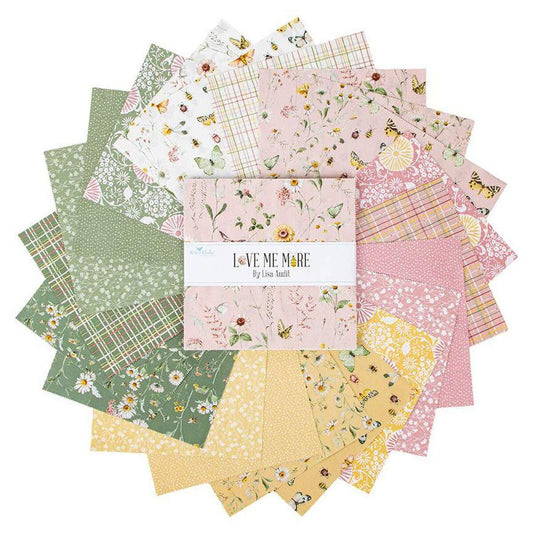 Love Me More 10" Stacker, Riley Blake 10-15630-42, 10" Precut Botanical Spring Pink Yellow Green Floral Fabric Squares, Lisa Audit