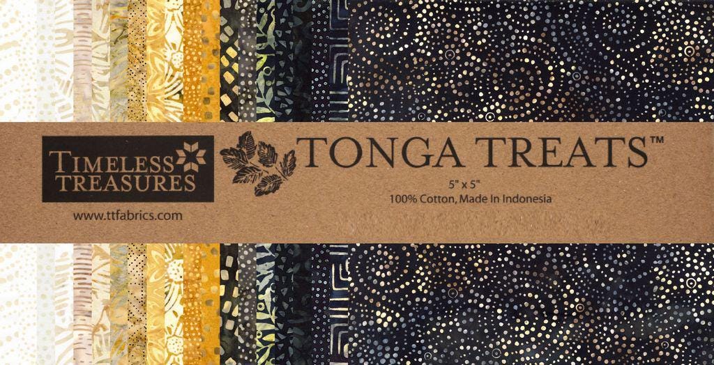 Tonga Amber Batik 5" Squares, Timeless Treasures Treat-Mini42 Amber, 5" Precut Black Gold Gray Cream Batik Charm Pack Squares