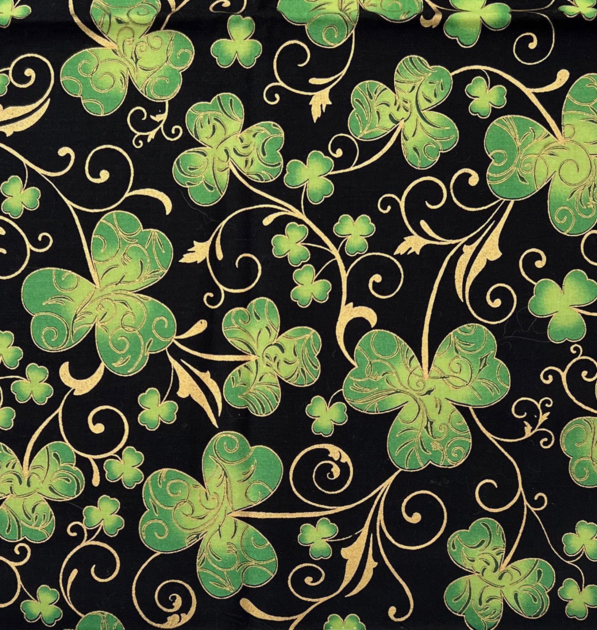 REMNANT 14" of Crush on You - Green Gold Shamrocks Clover on Black Fabric, Hoffman M420x, St Patrick's Day Fabric