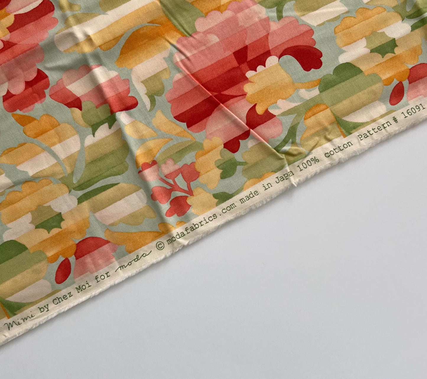 REMNANT 1 Yard 19" of Mimi - Coral Yellow Blue Green Floral Fabric, Moda 16091 Coral, Multicolored Floral Stripe Cotton Fabric, Chez Moi