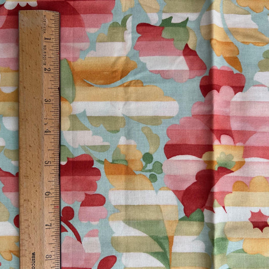 REMNANT 1 Yard 19" of Mimi - Coral Yellow Blue Green Floral Fabric, Moda 16091 Coral, Multicolored Floral Stripe Cotton Fabric, Chez Moi