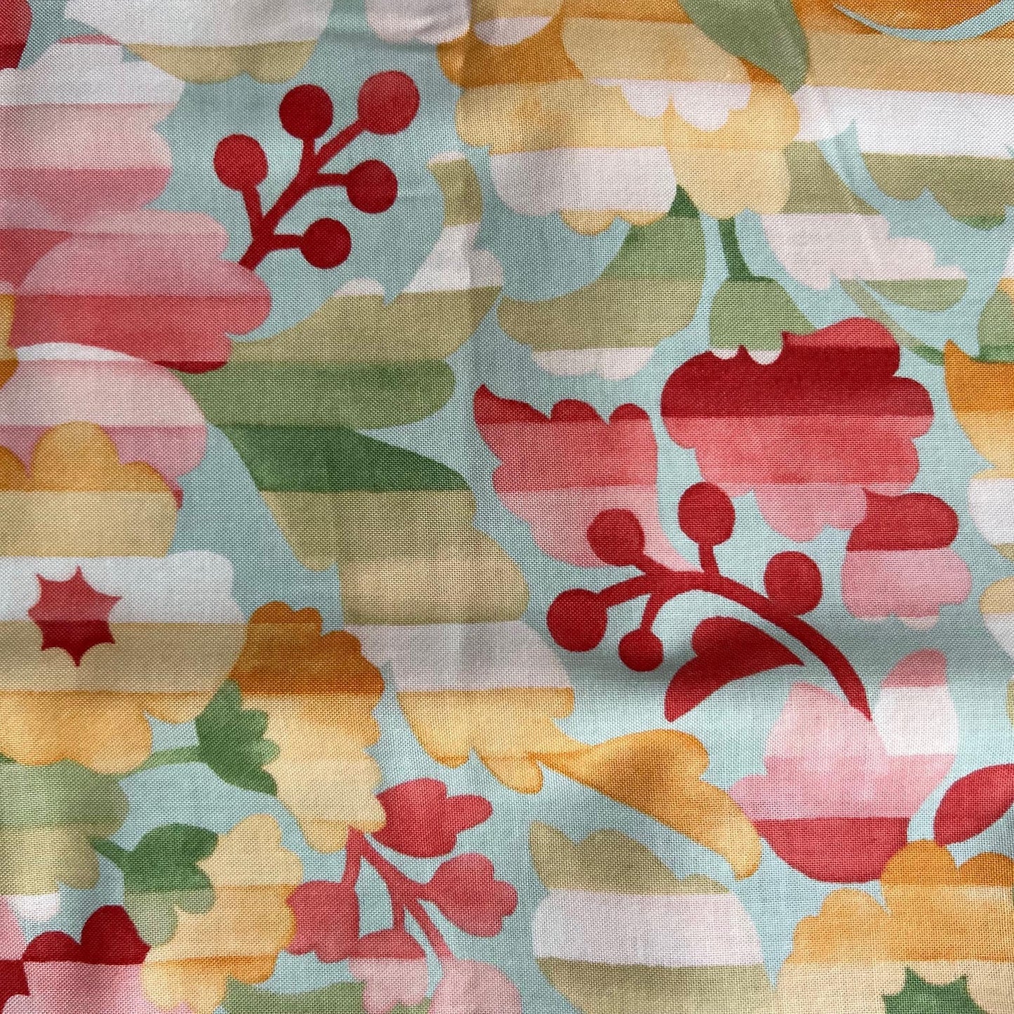 REMNANT 1 Yard 19" of Mimi - Coral Yellow Blue Green Floral Fabric, Moda 16091 Coral, Multicolored Floral Stripe Cotton Fabric, Chez Moi