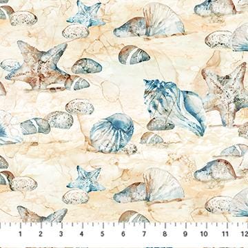 Great Outdoors - Coastal Beach Shells Fabric, Northcott DP28452-44 Coastal, Blue Brown Seashells on Beige Fabric, By the Yard