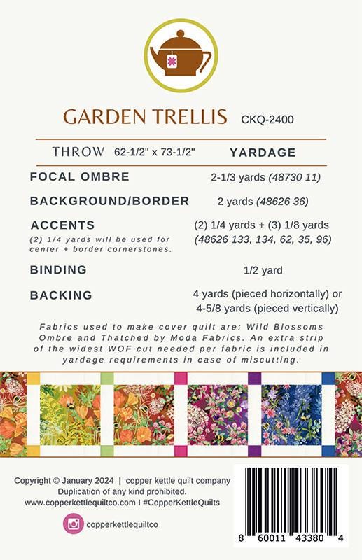 Garden Trellis Quilt Pattern, Copper Kettle Quilt Co CKQ2400, Floral Ombre Yardage Friendly Throw Quilt Pattern, Sarah Sumbera