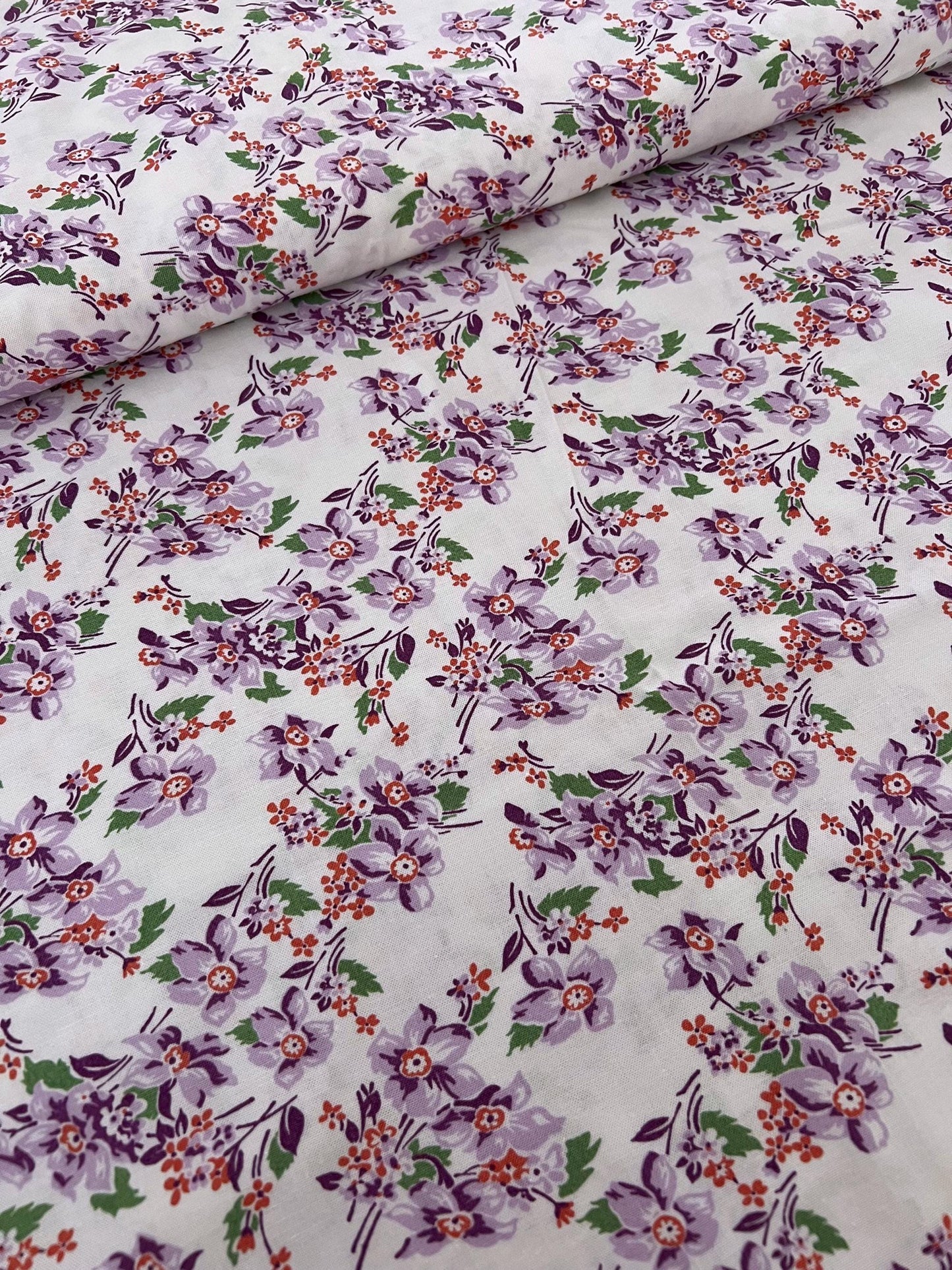 DESTASH Line Dried - Lavender Purple Vermillion Flowers on White Fabric, Connecting Threads