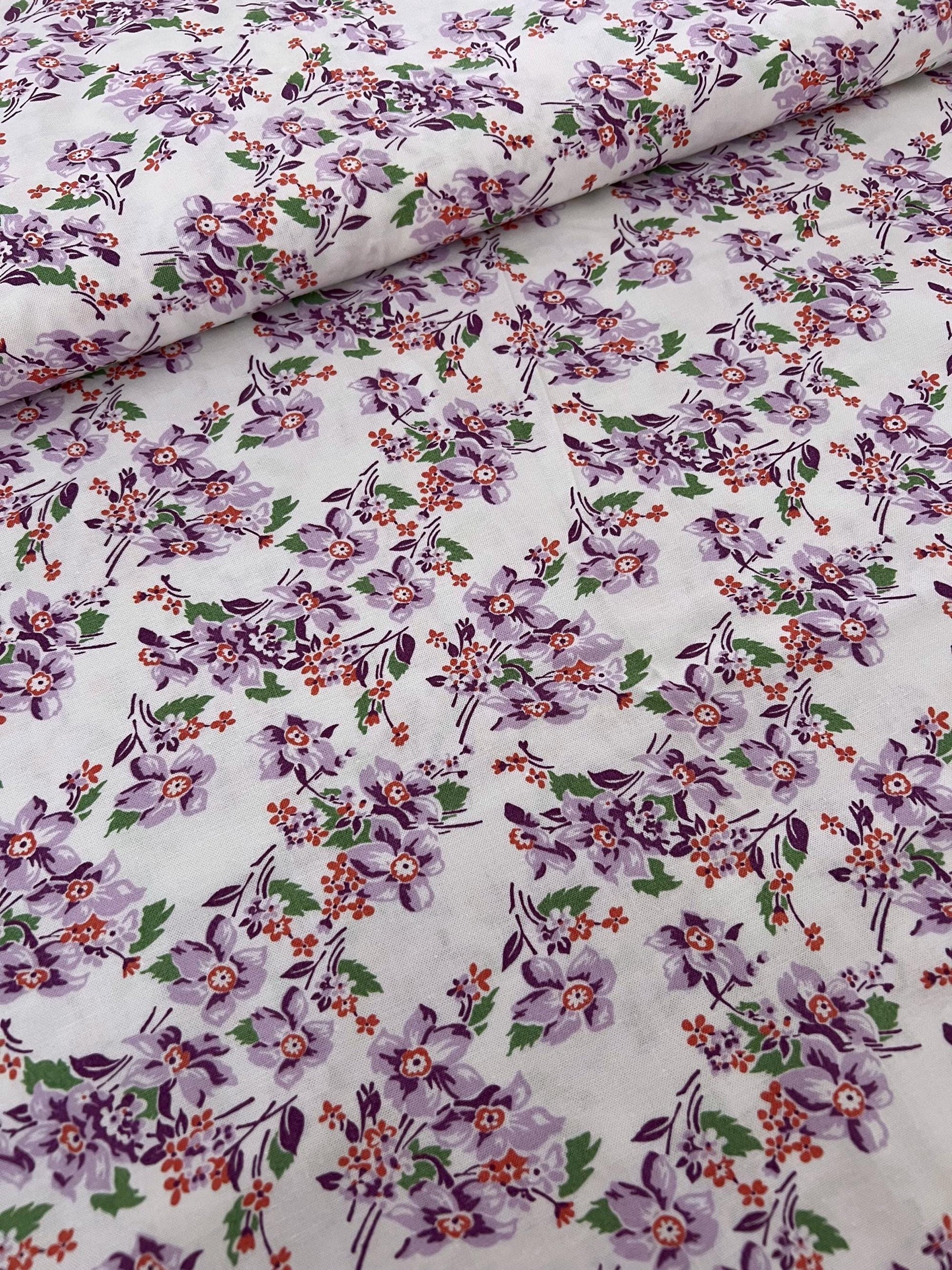 DESTASH Line Dried - Lavender Purple Vermillion Flowers on White Fabric, Connecting Threads