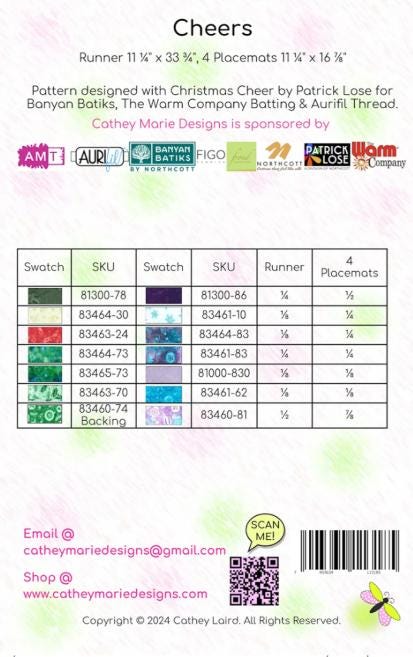 Cheers Table Runner Place Mats Quilt Pattern, Cathey Marie Designs CMD318 PTNB0523, Yardage Friendly Runner and Placemats Pattern