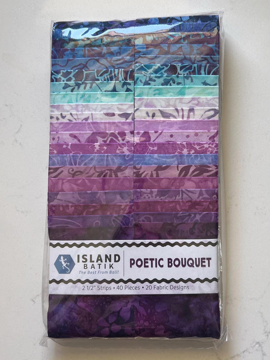 Poetic Bouquet Strip Pack, Island Batik, 2.5" Precut Purple Turquoise Blue Batik Jelly Roll Fabric Strips