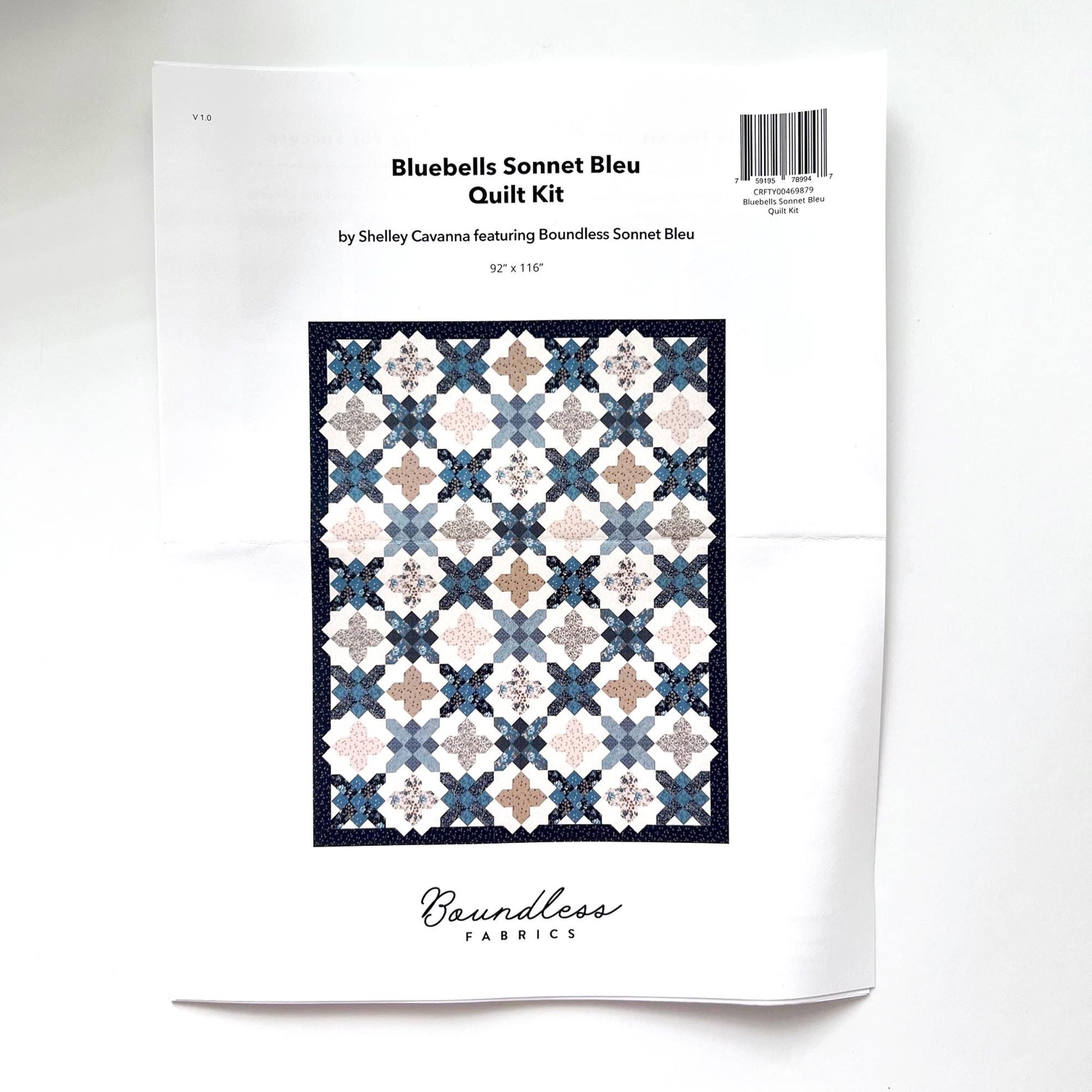 DESTASH Bluebells Sonnet Bleu Quilt Kit, Craftsy Boundless Fabrics, Blue Beige Floral Quilt Kit
