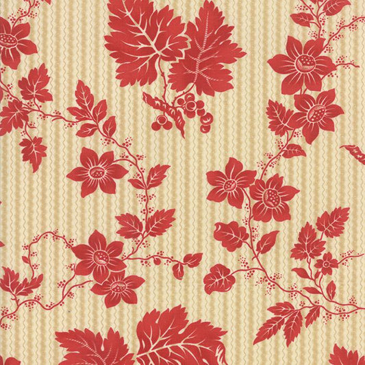 DESTASH Crazy for Red - 1 Yard Cut of Red Floral on Tan Striped Fabric, Moda 14791 12, Red Beige Floral Fabric Yardage, Minick & Simpson