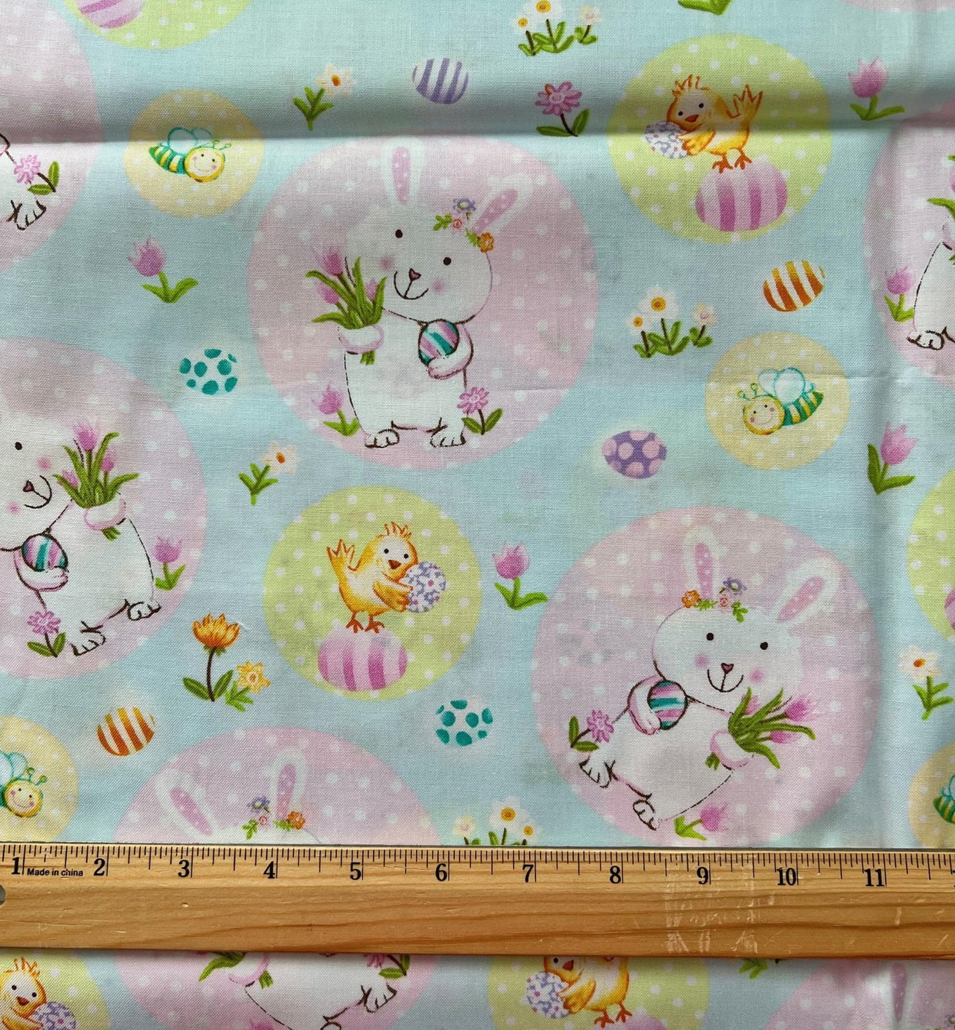 DESTASH 1 Yard Cut of Easter Bunnies Chicks on Aqua Blue Fabric, Hobby Lobby YH127, Pink Yellow Blue Cute Bunny Easter Fabric