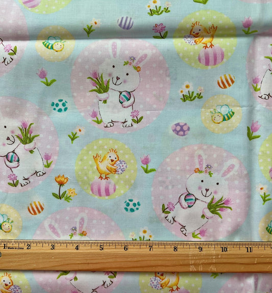 DESTASH 1 Yard Cut of Easter Bunnies Chicks on Aqua Blue Fabric, Hobby Lobby YH127, Pink Yellow Blue Cute Bunny Easter Fabric