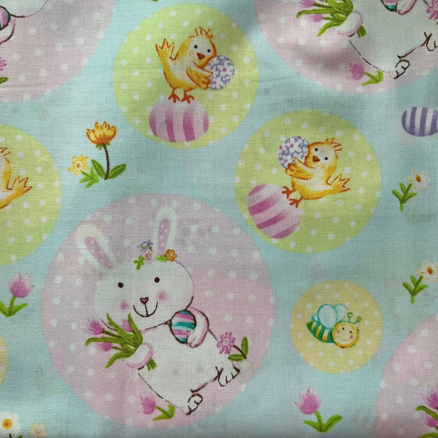 DESTASH 1 Yard Cut of Easter Bunnies Chicks on Aqua Blue Fabric, Hobby Lobby YH127, Pink Yellow Blue Cute Bunny Easter Fabric