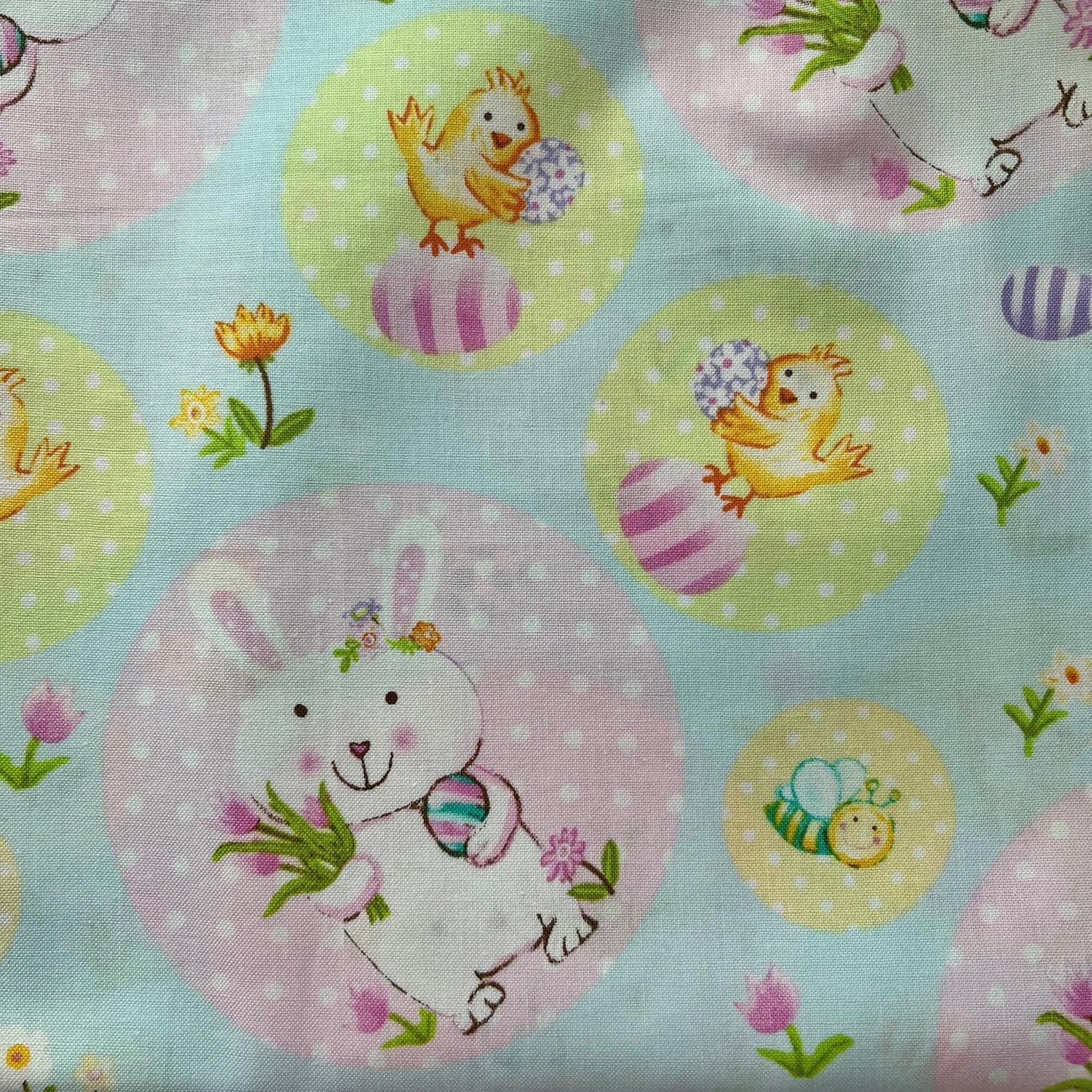 DESTASH 1 Yard Cut of Easter Bunnies Chicks on Aqua Blue Fabric, Hobby Lobby YH127, Pink Yellow Blue Cute Bunny Easter Fabric