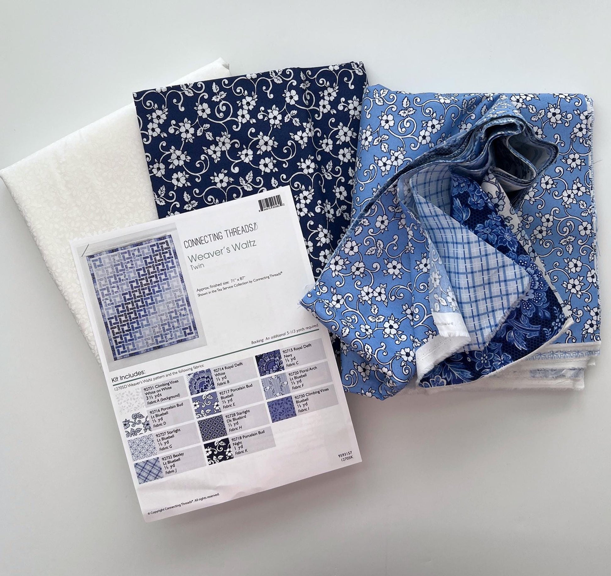 DESTASH Weaver's Waltz Twin Quilt Kit, Connecting Threads Tea Service, Blue White Floral Twin Size Quilt Kit